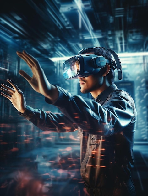 un uomo che indossa occhiali per realtà virtuale con le mani in aria.