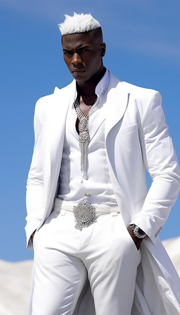 un uomo che indossa un abito bianco con una grande cintura d'argento.