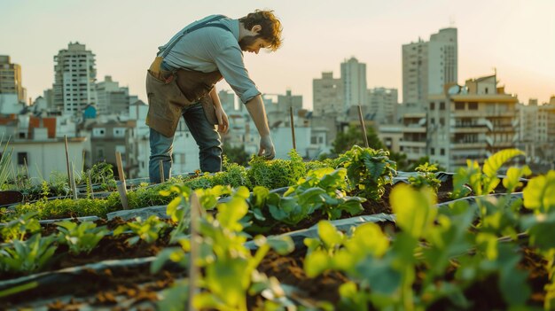 Un uomo che indossa un abito casual e un grembiule si occupa di un giardino sul tetto si inginocchia e ispeziona le piante