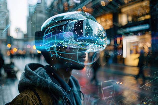 Un uomo che indossa un auricolare virtuale in una strada della città