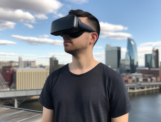 Un uomo che indossa un auricolare VR si trova di fronte a una città generativa ai