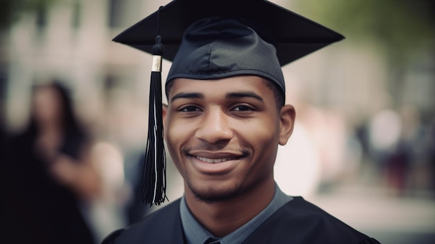 Un uomo che indossa un berretto e un abito da laurea sorride alla telecamera