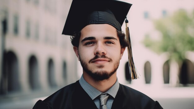 Un uomo che indossa un berretto e un abito da laurea