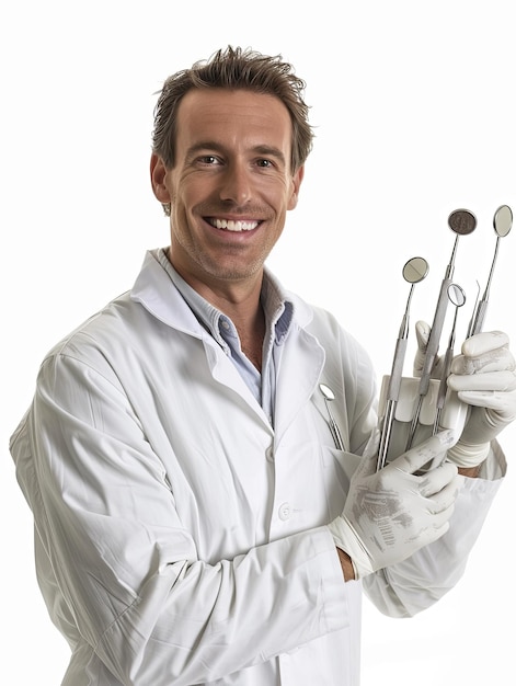 Un uomo che indossa un camico bianco di laboratorio che tiene in mano quattro cucchiai AI generativa