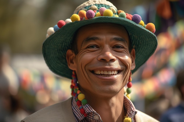 Un uomo che indossa un cappello con perline colorate sorride alla telecamera