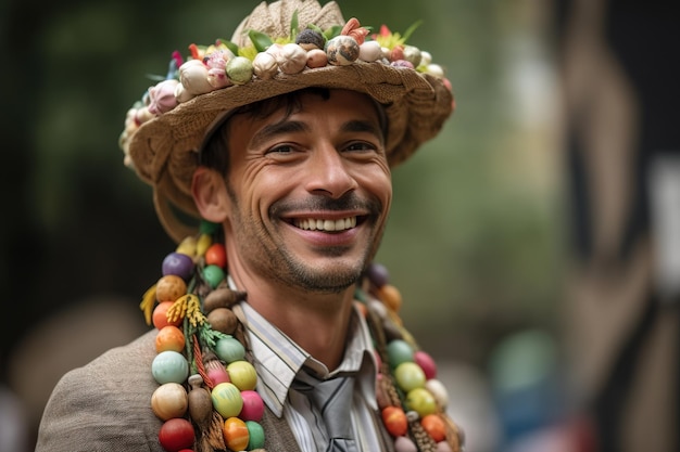 Un uomo che indossa un cappello con un disegno floreale sorride alla telecamera
