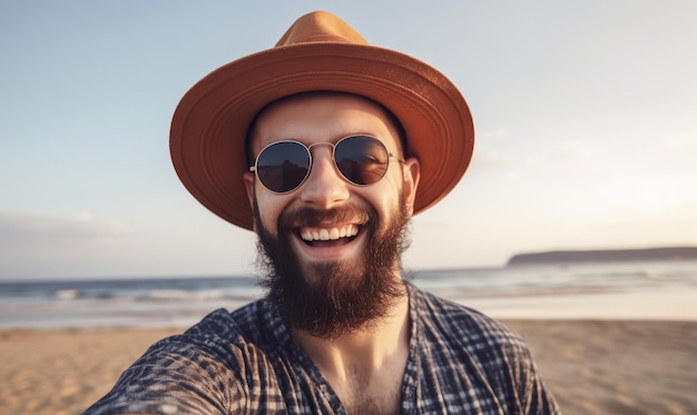 Un uomo che indossa un cappello e occhiali da sole sorride alla telecamera su una spiaggia.