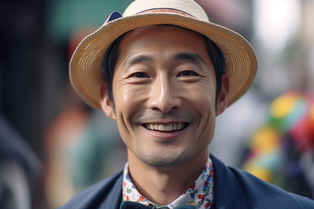 Un uomo che indossa un cappello e un papillon sorride alla telecamera.