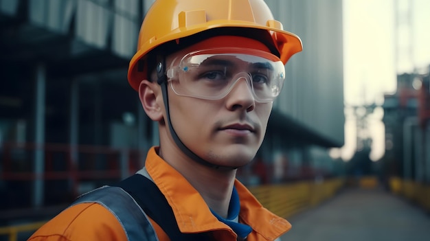 Un uomo che indossa un casco di sicurezza e occhiali protettivi si trova di fronte a un edificio.