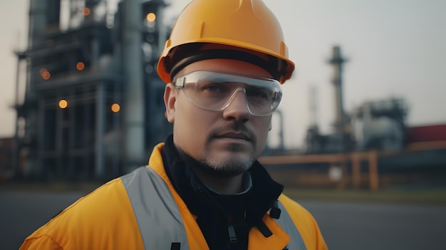 Un uomo che indossa un casco di sicurezza giallo e occhiali protettivi si trova di fronte a una raffineria.