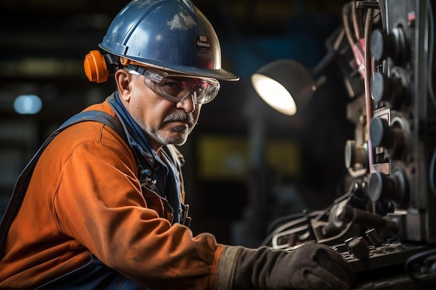 un uomo che indossa un casco duro e un casco blu sta lavorando su un proiettore