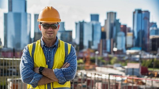 un uomo che indossa un casco duro si trova di fronte a un cantiere di costruzione