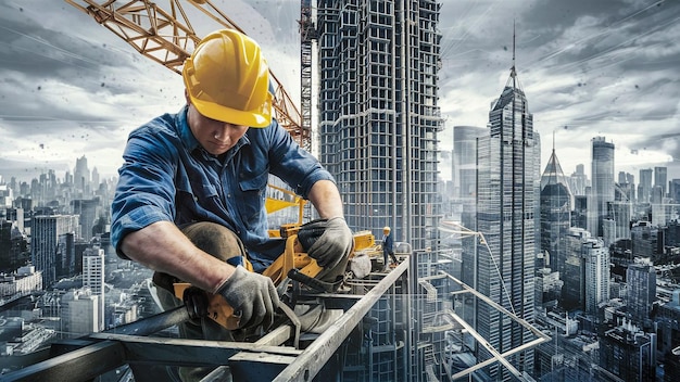 un uomo che indossa un casco duro sta lavorando in un cantiere di costruzione