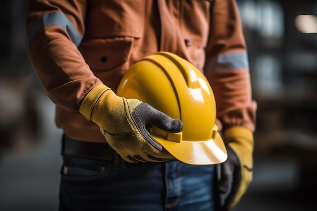 un uomo che indossa un casco duro tiene un casco giallo duro