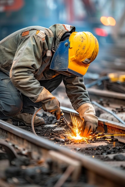 un uomo che indossa un casco giallo sta lavorando su un binario ferroviario