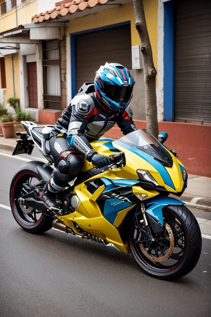 un uomo che indossa un casco guida una motocicletta con la parola "g" sul lato.