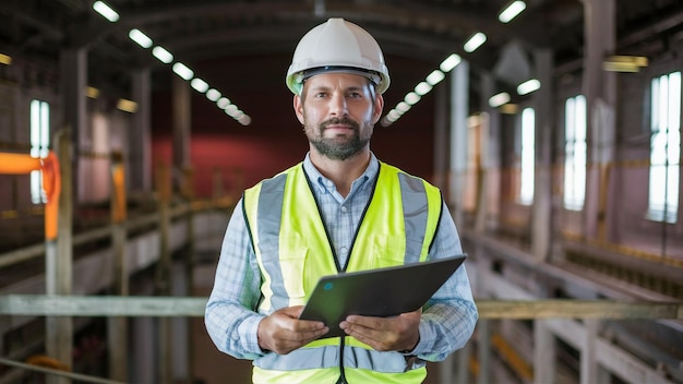 un uomo che indossa un casco rigido sta tenendo un tablet davanti a un cantiere di costruzione