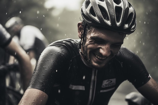 Un uomo che indossa un casco sta andando in bicicletta sotto la pioggia.