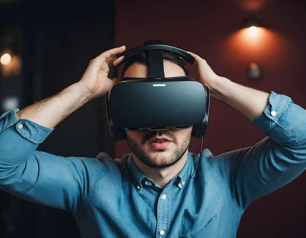 un uomo che indossa un casco VR di realtà virtuale su un uomo