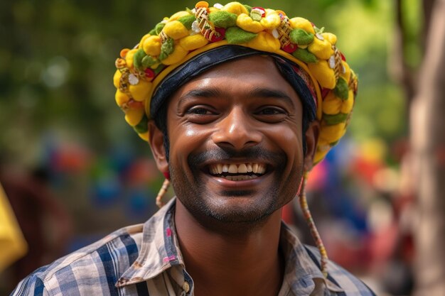 Un uomo che indossa un colorato cappello indiano sorride alla telecamera.