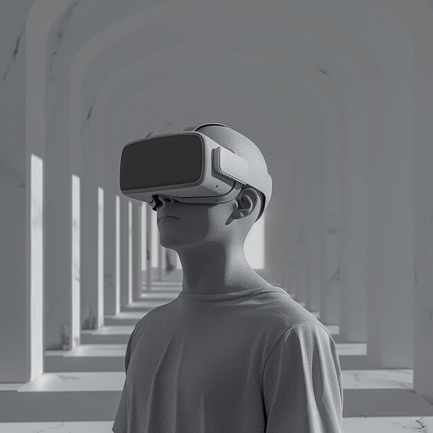 un uomo che indossa un copricapo di realtà virtuale con una camicia bianca