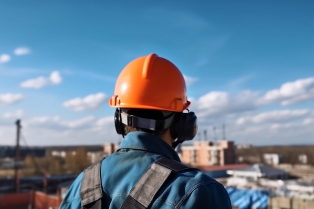 Un uomo che indossa un elmetto arancione si affaccia su una città.