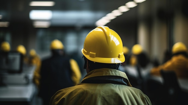 Un uomo che indossa un elmetto giallo attraversa un tunnel con altre persone.