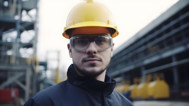 Un uomo che indossa un elmetto giallo si trova di fronte a un grande impianto industriale.