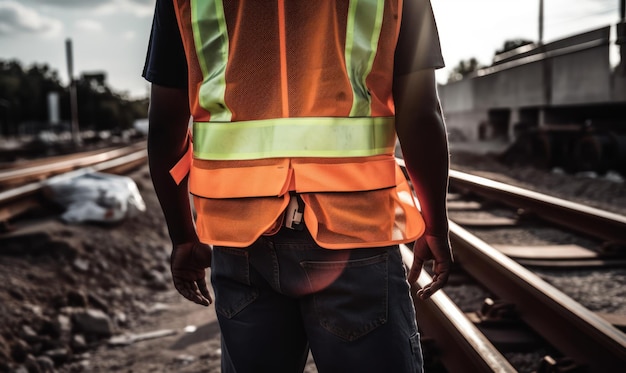Un uomo che indossa un giubbotto di sicurezza cammina lungo un binario ferroviario.