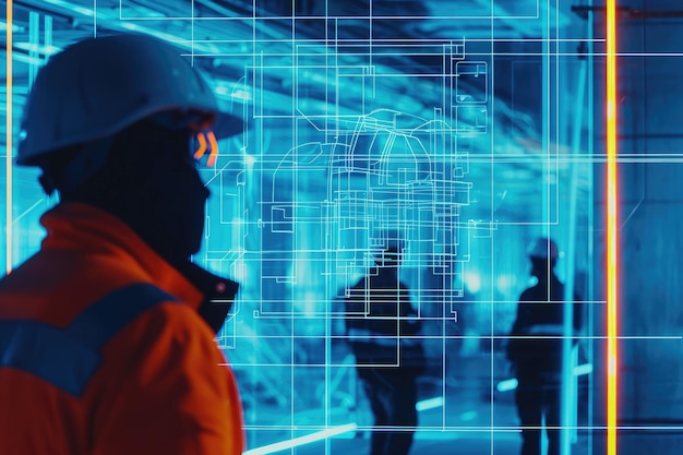 Un uomo che indossa un hard hat ispeziona attentamente uno schermo di computer mentre è in un cantiere di costruzione La devozione degli ingegneri in un progetto di costruzione futuristico ricoperto di progetti generati dall'IA