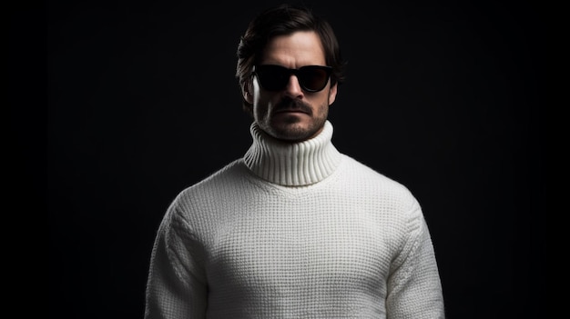 Un uomo che indossa un maglione bianco e occhiali da sole