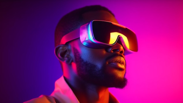 Un uomo che indossa un paio di occhiali VR con una luce al neon dietro di lui