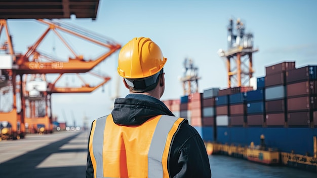 un uomo che indossa un ppe completo in piedi guardando una scatola di container di carico portuale in un porto merci