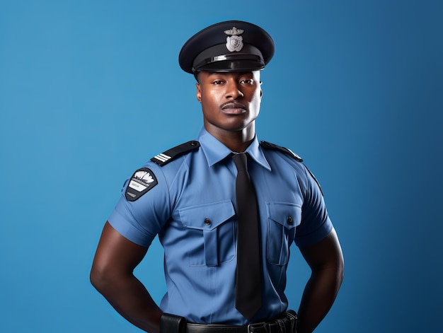 Un uomo che indossa un'uniforme della polizia si trova su uno sfondo blu