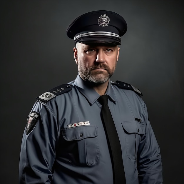 Un uomo che indossa un'uniforme della polizia si trova su uno sfondo grigio