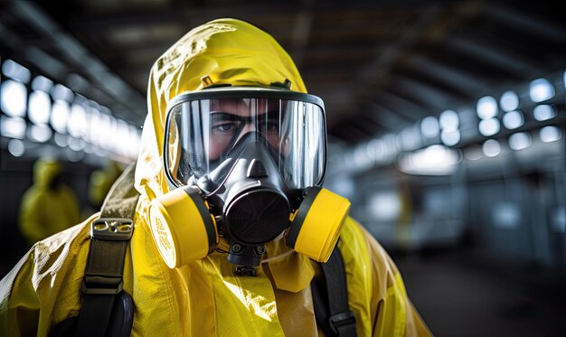 Un uomo che indossa un vestito giallo e una maschera antigas