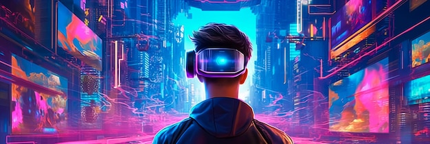 Un uomo che indossa un visore futuristico vr davanti a un paesaggio urbano illuminato al neon.