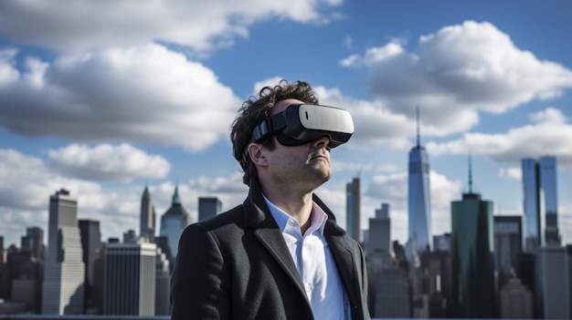 Un uomo che indossa un visore per la realtà virtuale guarda lo skyline della città.