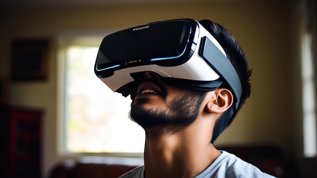 Un uomo che indossa un visore per la realtà virtuale indossa un visore per la realtà virtuale.