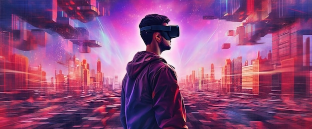 Un uomo che indossa un visore per la realtà virtuale si trova di fronte a una città futuristica.