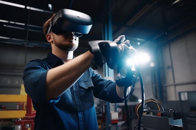 Un uomo che indossa un visore VR si trova in un'officina con una luce sul lato sinistro.
