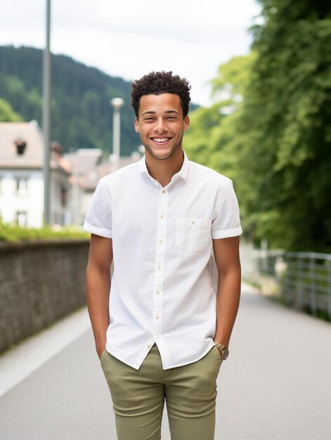 un uomo che indossa una camicia bianca e una gonna verde si trova su un marciapiede