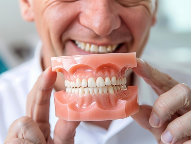 Un uomo che indossa una camicia bianca sta sorridendo mentre tiene un dente finto davanti al suo viso