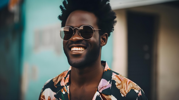 Un uomo che indossa una camicia hawaiana e occhiali da sole sorride alla telecamera.