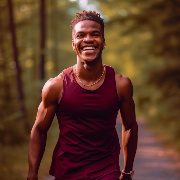 Un uomo che indossa una canotta sorride e sorride mentre percorre un sentiero nel bosco.