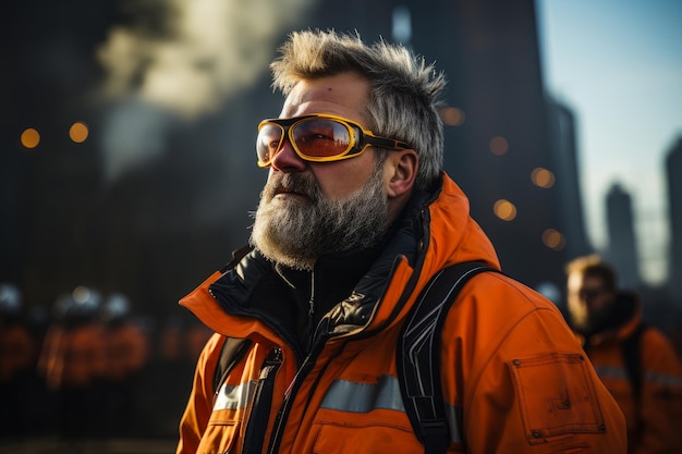 Un uomo che indossa una giacca arancione un uomo con la barba che indossa occhiali da sole e una giaccha arancione