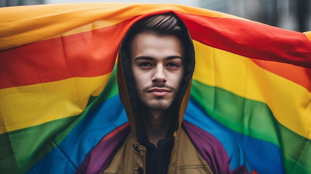 Un uomo che indossa una giacca bandiera arcobaleno e una giacca