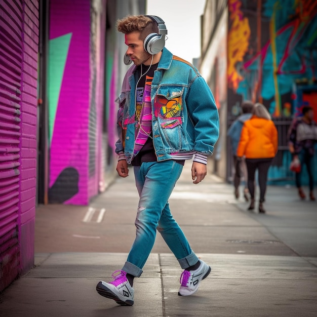 un uomo che indossa una giacca blu con una camicia colorata e cuffie