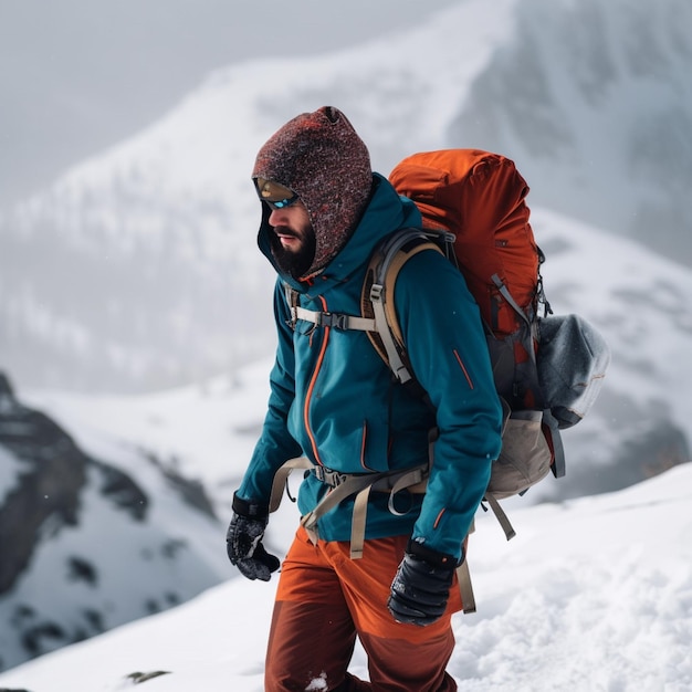 Un uomo che indossa una giacca blu e un cappello rosso cammina nella neve.