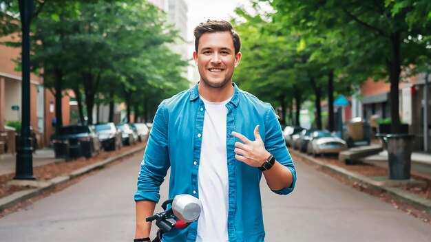 un uomo che indossa una giacca jeans blu e jeans blu posa per una foto